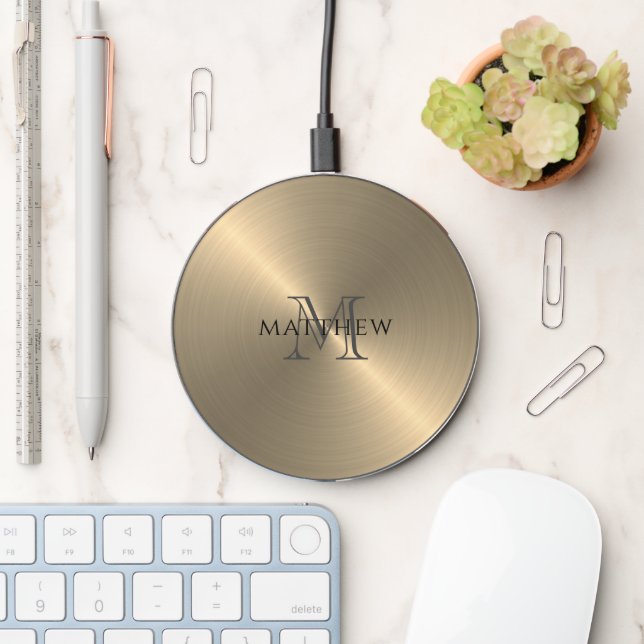 Radial Gold Metallic Monogrammed Wireless Charger (Desk)