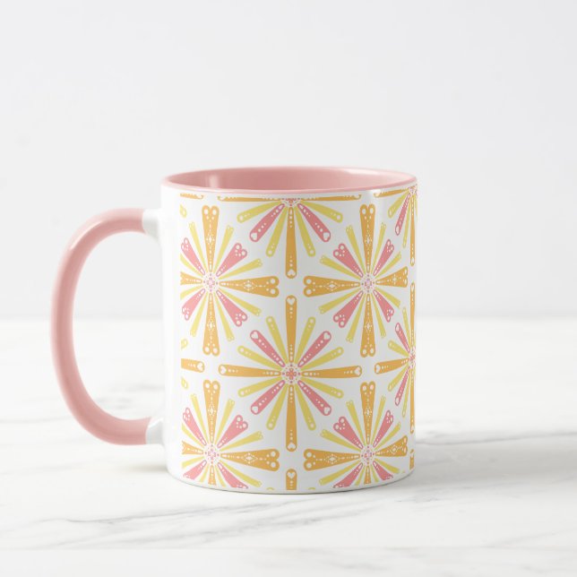Radial Heart Sunburst Pattern Pink Yellow Mug (Left)
