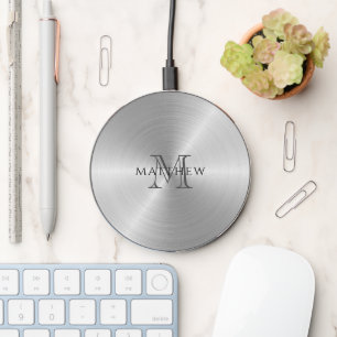 Radial Platinum Metallic Monogrammed Wireless Charger