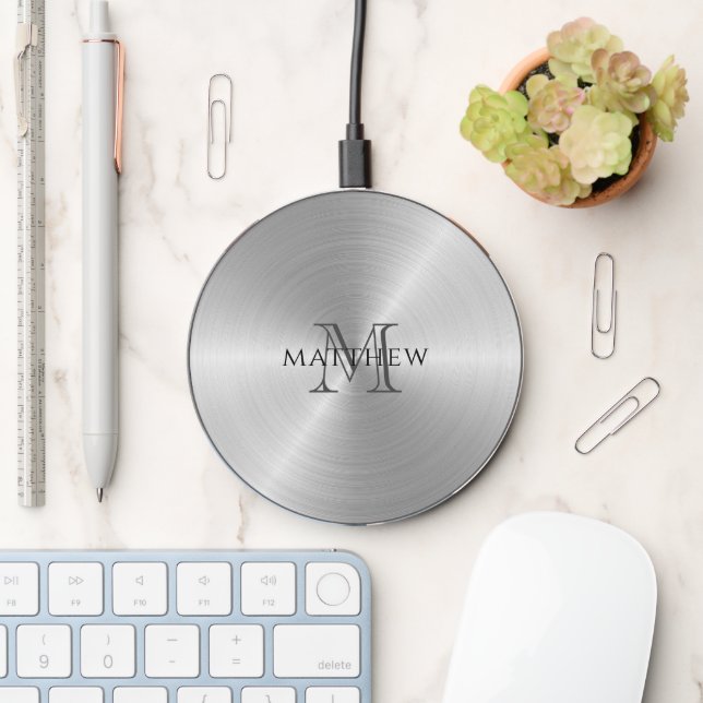 Radial Platinum Metallic Monogrammed Wireless Charger (Desk)