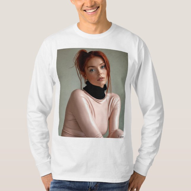 Radiance in Red: A Vogue Portrait T-Shirt (Front)