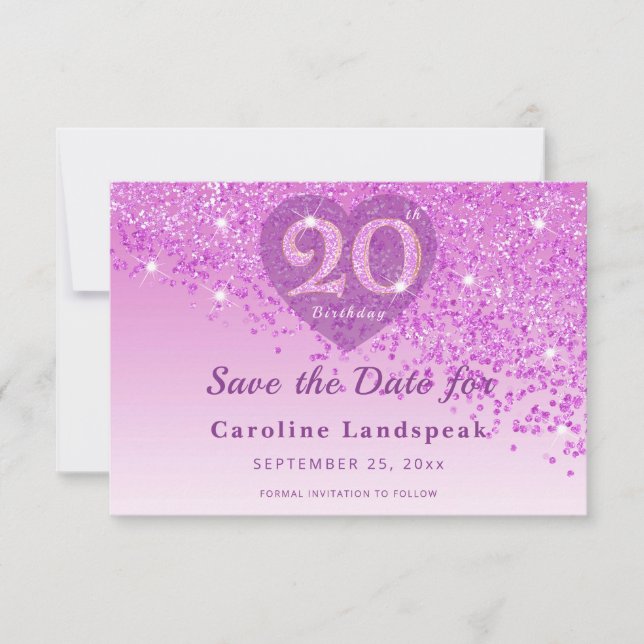 Radiant 20th Birthday Pink Glitter Frosted Heart Save The Date (Front)