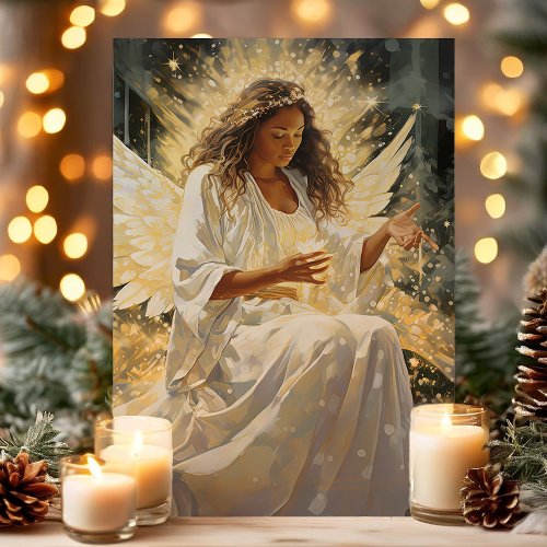 Radiant African Christmas Angel with Candle  Holiday Card