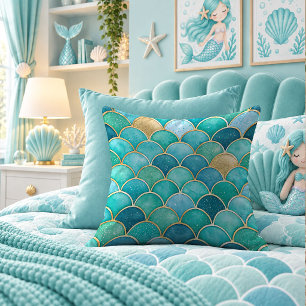 Radiant Aqua Mermaid Scales Magic Throw Pillow