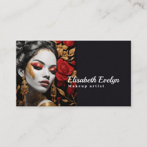 Radiant Beauty with Red_Gold Blooms on Black Business Card