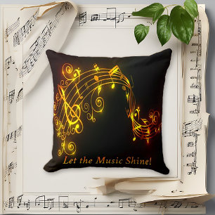 Radiant Black Glow Musical Notes Design Throw Pillow