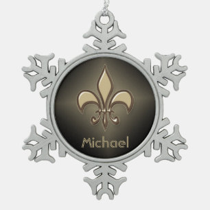 Radiant Black Gold Fleur de lis Snowflake Pewter Christmas Ornament