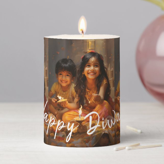 Radiant Blessings: Diwali Joy with Hindu Children Pillar Candle (In Situ)