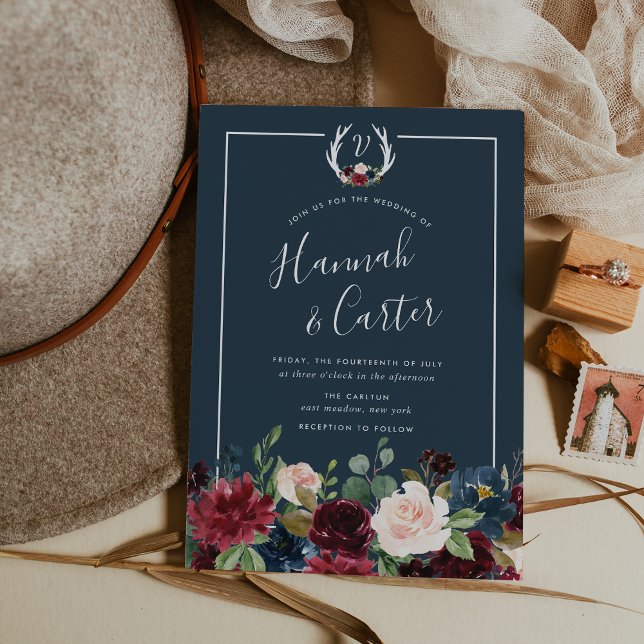 Radiant Bloom Antler Monogram Wedding Invitation (Creator Uploaded)