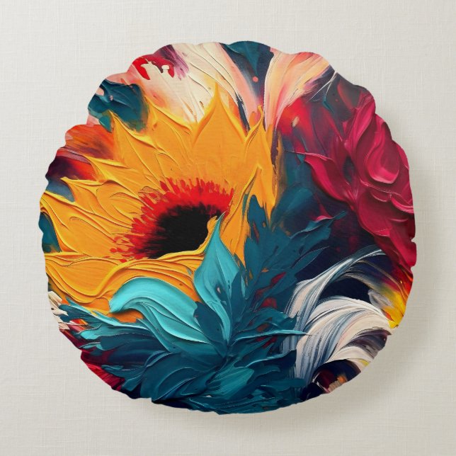 Radiant Bloom – Bold Abstract Floral Expression Round Pillow (Front)