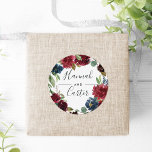 Radiant Bloom | Botanical Wreath Wedding Classic Round Sticker<br><div class="desc">Seal your invitation envelopes or favors with these elegant botanical and floral wedding stickers featuring your names framed by a watercolor wreath of green eucalyptus foliage and jewel toned flowers in burgundy marsala and navy blue. Coordinates with our Radiant Bloom wedding collection.</div>