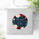 Radiant Bloom | Botanical Wreath Wedding Classic Round Sticker<br><div class="desc">Seal your invitation envelopes or favors with these elegant navy blue botanical and floral wedding stickers featuring your names framed by a watercolor wreath of green eucalyptus foliage and jewel toned flowers in burgundy marsala and blush pink. Coordinates with our Radiant Bloom wedding collection.</div>