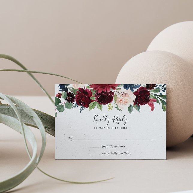 Radiant Bloom | Burgundy & Navy Floral RSVP Card (Creator Uploaded)