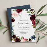 Radiant Bloom Floral Frame Wedding Invitation<br><div class="desc">Our Radiant Bloom wedding invitation surrounds your wedding day details with a frame of watercolor flowers in burgundy marsala, blush pink and navy blue, with green botanical foliage and eucalyptus leaves on a rich navy blue background. A beautiful choice in lush, saturated jewel tone colors for fall or winter weddings....</div>