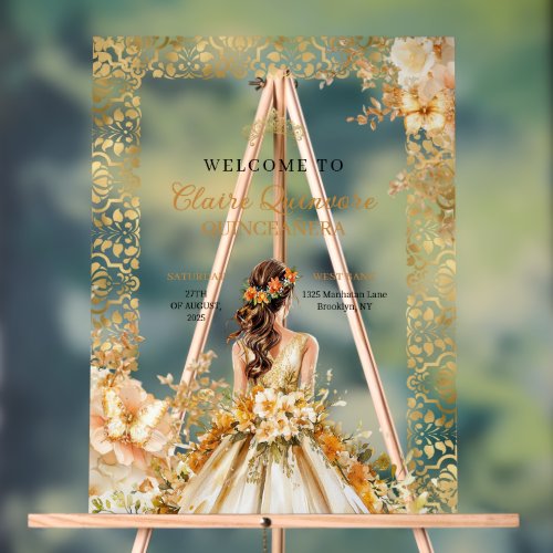 Radiant Bloom Floral Gold Princess Quincea&#241;era  Acrylic Sign