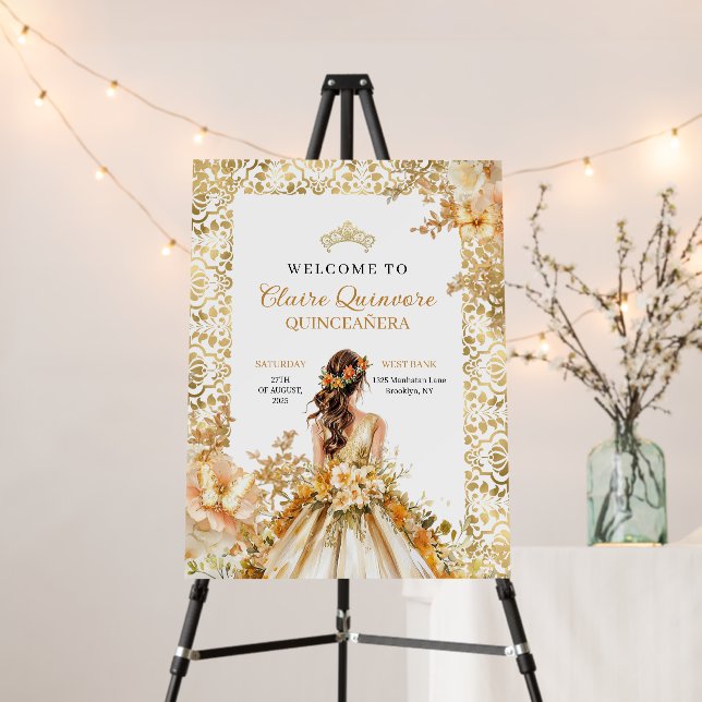 Radiant Bloom Floral Gold Princess Quinceañera  Foam Board (In Situ (Stand))