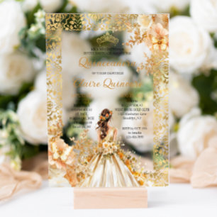 Radiant Bloom Floral Princess Gold Quinceanera  Acrylic Invitations