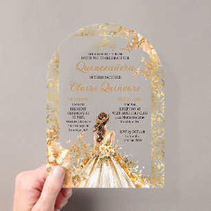 Radiant Bloom Floral Princess Gold Quinceanera Acrylic Invitations