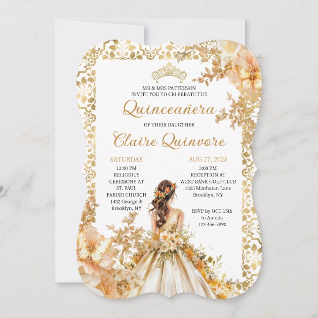 Radiant Bloom Floral Princess Gold Quinceanera Inv Invitation (Front)