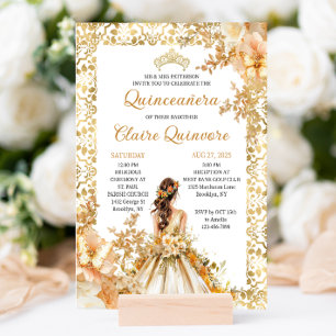 Radiant Bloom Floral Princess Gold Quinceanera Invitation