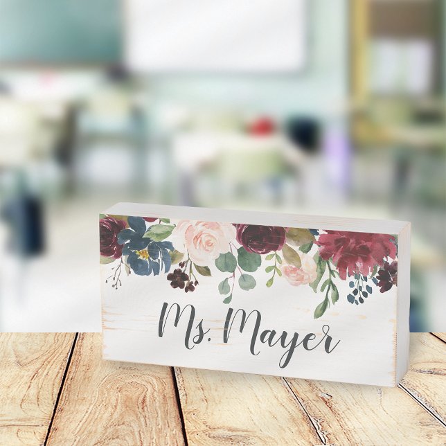 Radiant Bloom Floral Teacher Name Classroom Wooden Box Sign (Creator Uploaded)