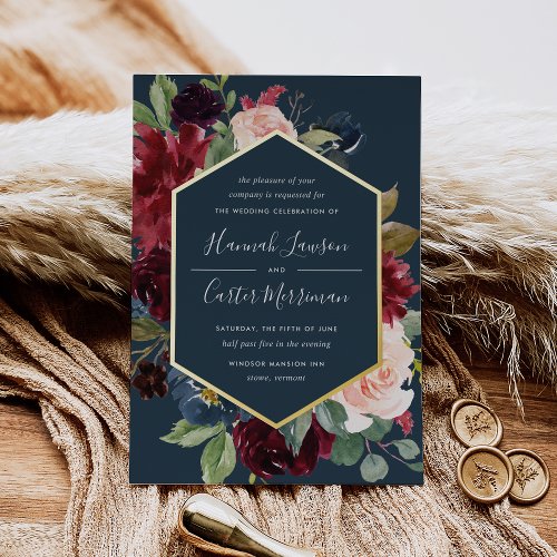 Radiant Bloom Geometric Floral Frame Wedding Foil Invitation