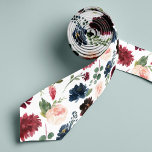 Radiant Bloom | Large Scale Floral Patterned Neck Tie<br><div class="desc">Carry your wedding colors through to the groomsmen's attire with this colorfully patterned necktie. Designed to match our Radiant Bloom collection,  design features larger-scale watercolor flowers in shades of blush pink,  navy blue,  and rich burgundy,  interspersed with green botanical foliage on a white background.</div>