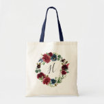 Radiant Bloom Monogram Tote Bag<br><div class="desc">Designed to match our Radiant Bloom collection,  these personalized totes make beautiful gifts for your bridesmaids. Personalize with a single initial monogram in elegant handwritten script lettering,  surrounded by a wreath of watercolor flowers in rich shades of navy and burgundy.</div>