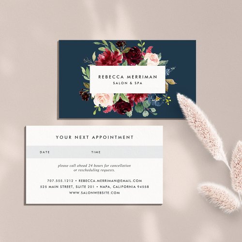 Radiant Bloom  Navy  Burgundy Floral Appointment Card