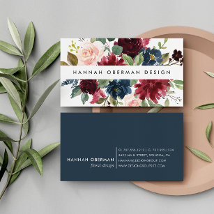 Radiant Bloom   Navy & Burgundy Watercolor Floral Business Card