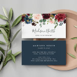 Radiant Bloom | Navy & Burgundy Watercolor Floral Business Card<br><div class="desc">Elegant floral business cards feature your name and business name or title in a chic combo of block and handwritten script lettering,  topped by a lush watercolor bouquet of jewel tone flowers and greenery. Add your contact information to the reverse side in white on rich navy blue.</div>