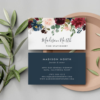 Radiant Bloom | Navy & Burgundy Watercolor Floral Business Card by RedwoodAndVine at Zazzle