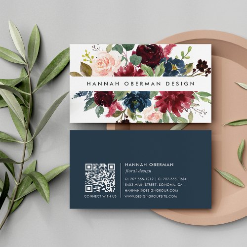 Radiant Bloom  Navy  Burgundy Watercolor Floral Business Card