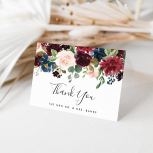 Radiant Bloom Navy & Burgundy Watercolor Floral Thank You Card