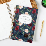 Radiant Bloom Personalized Planner<br><div class="desc">Chic floral personalized planner features a background pattern of watercolor flowers in burgundy marsala,  blush pink and navy blue,  with lush green foliage and eucalyptus leaves on a rich navy background. Personalize with three lines of custom text.</div>