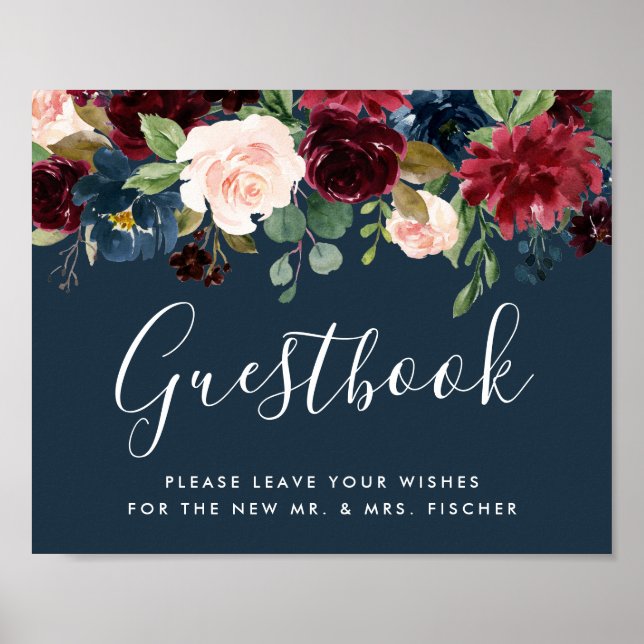 Radiant Bloom Wedding Guestbook Sign | Navy (Front)