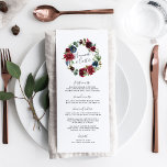Radiant Bloom Wreath Wedding Menu Card<br><div class="desc">Our garden chic wedding menu features your starter courses, entrees and desserts in elegant lettering, with your names encircled by a jewel toned watercolor floral wreath in burgundy marsala, navy blue and green. Coordinates with our Radiant Bloom wedding collection. Use the template fields to add your menu information, and then...</div>