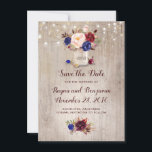 Radiant Blooms Mason Jar Rustic Save the Date<br><div class="desc">Burgundy - Marsala,  navy blue and blush flowers mason jar and string of lights rustic save the date invitations</div>