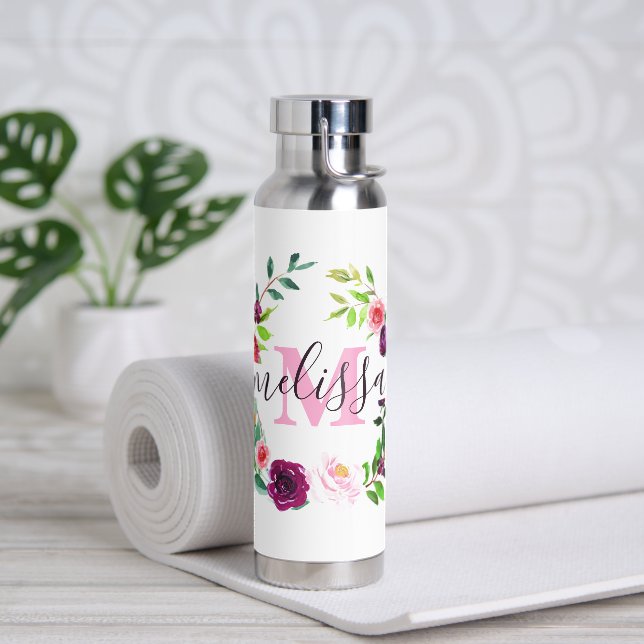Radiant blooms wreath personalized  water bottle (Yoga)