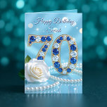 Radiant Blue Gems Rose and Pearls 70th Birthday Card<br><div class="desc">Sparkle meets sophistication in this 70th birthday card. The bold "70" is crafted from glittering blue and clear gems,  set in gold,  celebrating a lifetime of memories. A soft white rose and a strand of pearls add a touch of timeless elegance,  making this a beautiful keepsake.</div>
