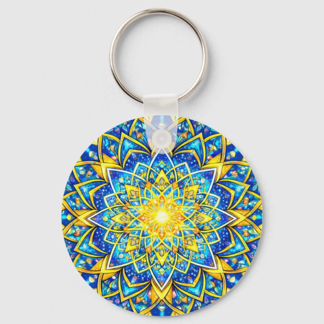 Radiant Blue Gold Mandala - Sun Harmony Keychain S (Front)