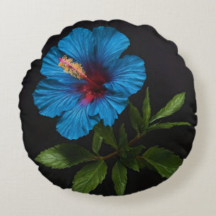 "Radiant Blue: Hibiscus Flower Against On Black  Round Pillow