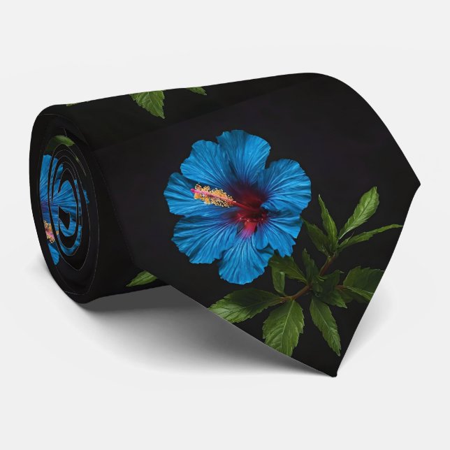 "Radiant Blue: Hibiscus Flower On Black  Neck Tie (Rolled)