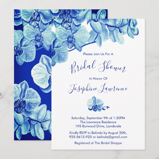 Radiant Blue Orchid Flowers Bridal Shower Invitation (Front/Back)
