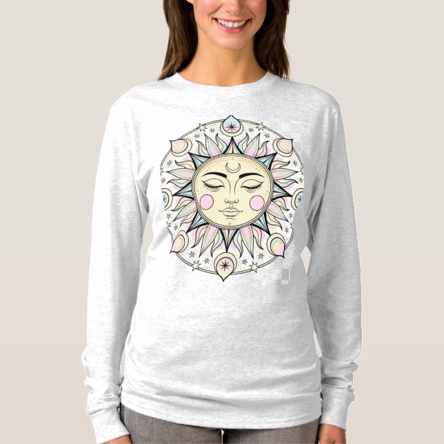 Radiant Boho Sun with Human Face – Mystical Celest T-Shirt (Front)
