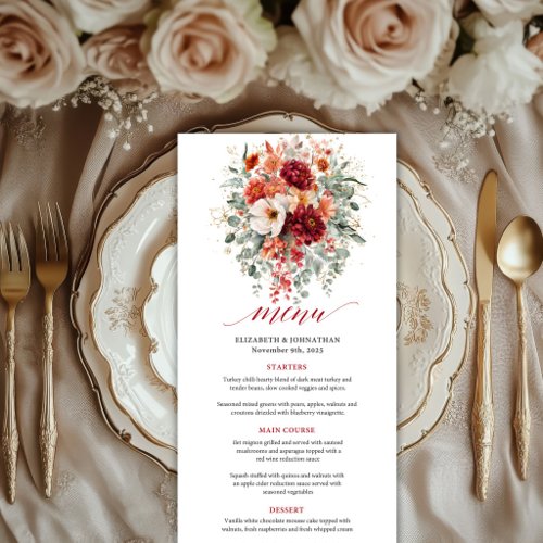 Radiant Burgundy Gold Floral Deep Red Autumn weddi Menu