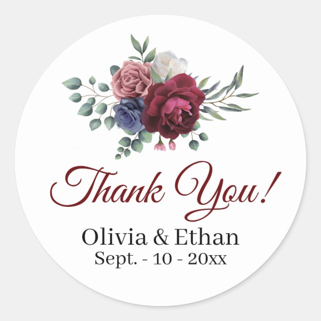 Radiant Burgundy Pink Navy Flowers Classic Round Sticker (Front)