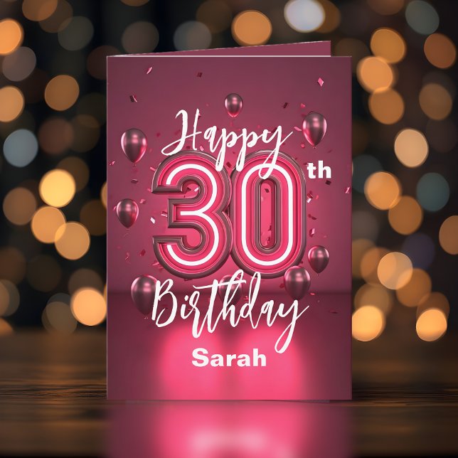 Radiant Chic Neon Pink 30th Birthday with Balloons Card (Creator Uploaded)