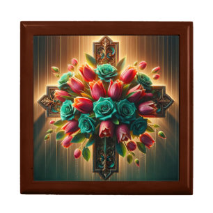 “Radiant Christian Cross Florals with Raindrops" Gift Box