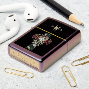 Radiant Cross of Red and Green Stones With Diamond Zippo Lighter